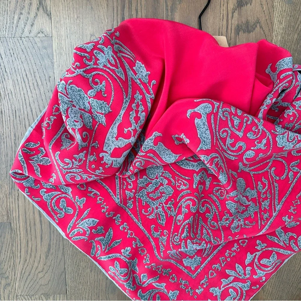 Anthropologie Vintage 100% Silk Paisley Printed Square Scarf Pink and Grey 40